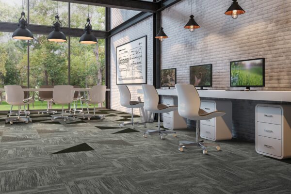 Loft style office 3d rendering image.There are white brick wall,polished concrete floor and black steel structure.Furnished with white furniture.There are large windows look out to see the nature